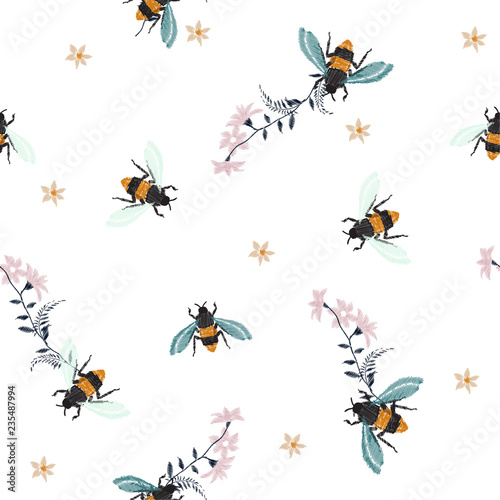 Embroidery honey bee,with flowers Fashion patch with insects illustration. Seamless pattern backdrop.