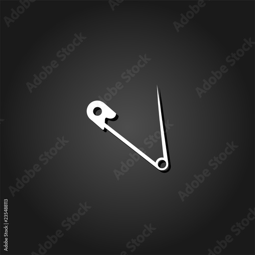 Safety pin icon flat. Simple White pictogram on black background with shadow. Vector illustration symbol