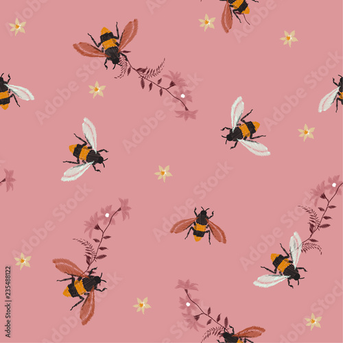 Summer bright Embroidery honey bee  and funny bee with flowers. Fashion patch with insects illustration.