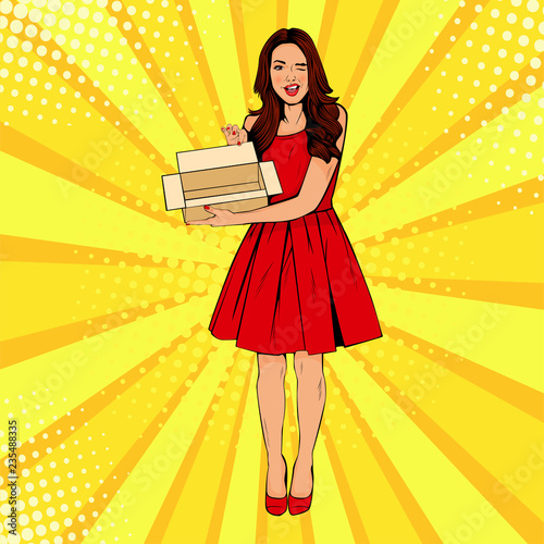 Young sexy surprised woman holding empty box. Vector illustration in retro comic pop art style. Gift certificate template.