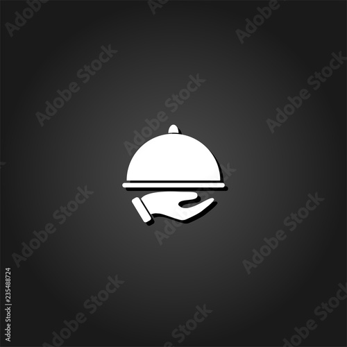 Restaurant cloche in hand the waiter icon flat. Simple White pictogram on black background with shadow. Vector illustration symbol