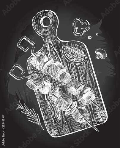 Grilled kebab with vegetables on a wooden cutting board. Ink hand drawn Vector illustration. Food element for menu design.