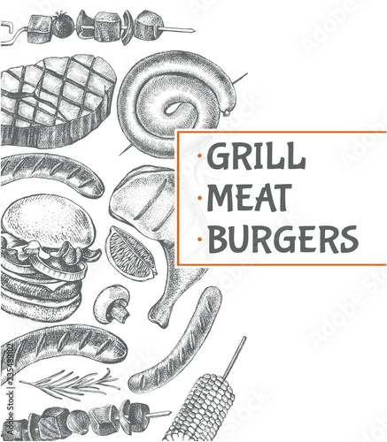 Background with Ink hand drawn meat products and grilled dishes. Food elements collection. Vector illustration.