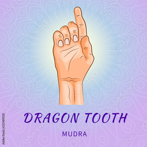 Dragon tooth mudra - gesture in yoga fingers. Symbol in Buddhism or Hinduism concept. Yoga technique for meditation. Promote physical and mental health. Vector illustration.