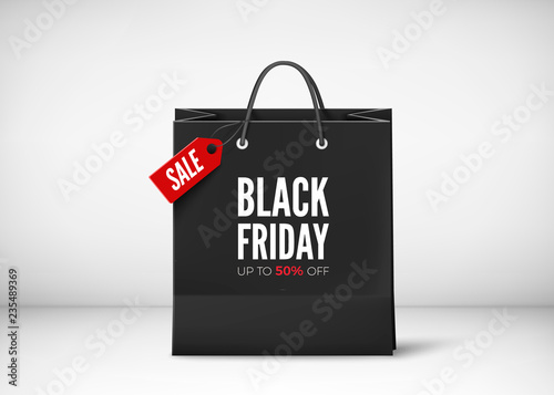 Black paper bag with tag Sale and text. Black friday banner template. Vector illustration isolated on transparent background