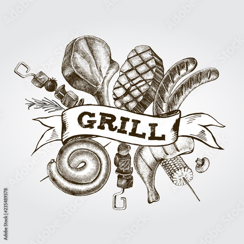 Background with Ink hand drawn meat products and grilled dishes. Food elements collection. Vector illustration.