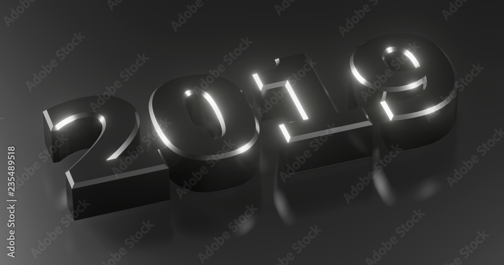 Happy New Year 2019. Holiday illustration silver numerals 2019 on a background in gray half-flowers with light effects. Realistic 3d sign. Festive poster or banner design. Happy New Year 2019. Holiday illustration silver numerals 2019 on a background in gray half-flowers with light effects. Realistic 3d sign. Festive poster or banner design.