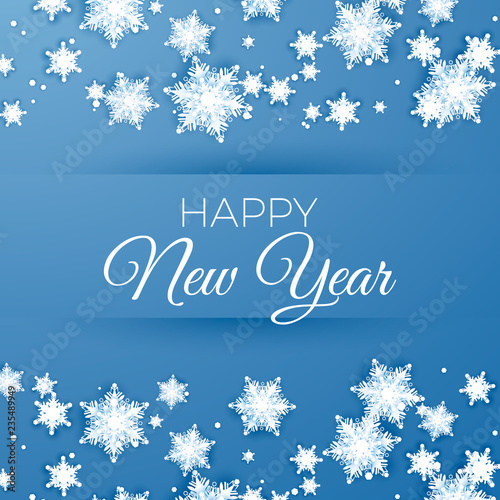 Happy New Year greeting postcard. Paper Snowflakes pattern background. Origami snowfall. Vector illustration