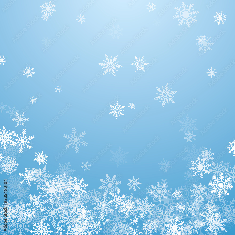 Falling white snowflakes on blue background. Blue Christmas snowflakes background. Vector illustration