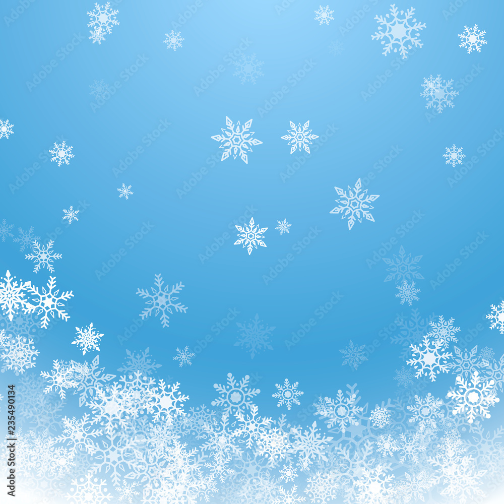 Holiday winter background for Merry Christmas and Happy New Year. Falling white snowflakes on blue background. Winter blue sky with falling snow. Vector illustration