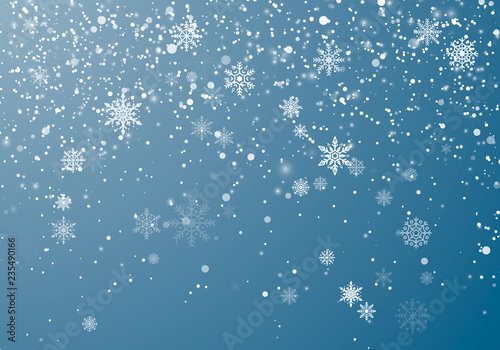 Snowfall Christmas background. Flying snow flakes and stars on winter sky background. Winter wite snowflake overlay template. Vector illustration