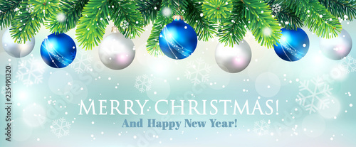 Christmas banner with fir branch border and Christmas balls. Vector illustration.