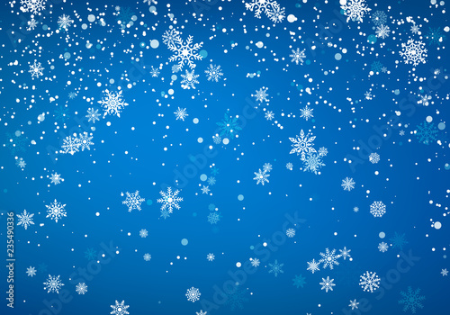 Snowfall Christmas background. Flying snow flakes and stars on winter blue sky background. Winter wite snowflake template. Vector illustration