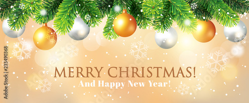 Christmas banner with fir branch border and Christmas balls. Vector illustration.