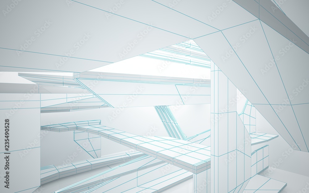 Obraz premium Abstract white interior highlights future. Polygon colored drawing. Architectural background. 3D illustration and rendering