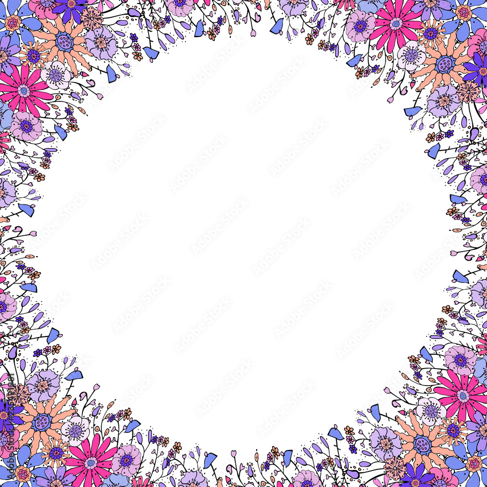 Round frame with hand-drawn colorful bright pink, blue, violet flowers and branches on white background. Floral circle template for cards with flowers in doodle style Round frame with hand-drawn colorful bright pink, blue, violet flowers and branches on white background. Floral circle template for cards with flowers in doodle style