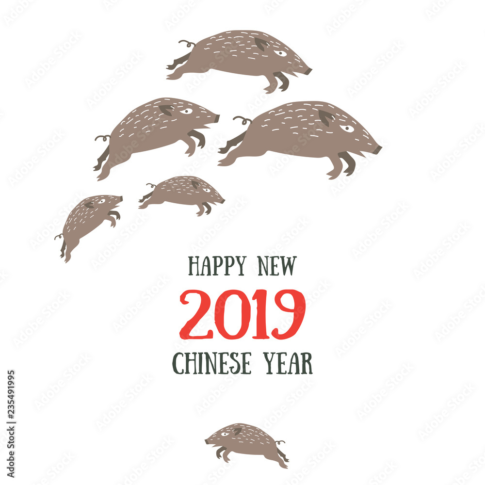 Fototapeta premium Happy New 2019 Chinese year of the boar. Vector illustrated flat simple holiday template with the pig and red chinese hieroglyph means pig. Decorative celebration template