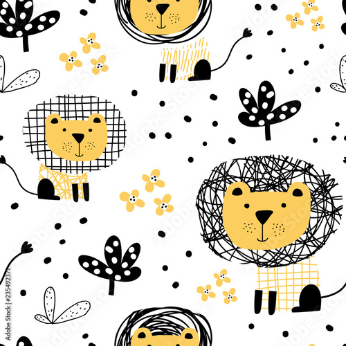 Cute seamless pattern in scandinavian style with cute lion. Perfect for kids apparel, fabric, textile, nursery decoration, wrapping paper. Trendy scandinavian vector pattern.