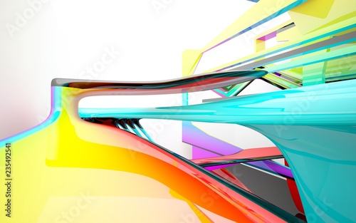 abstract architectural interior with colored smooth glass sculpture with black lines. 3D illustration and rendering