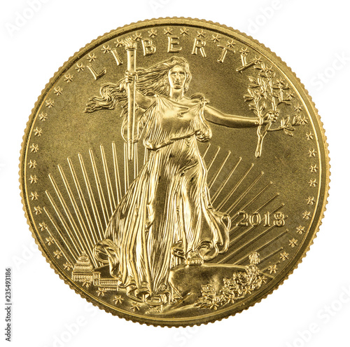 Fotografi golden american eagle coins on white background placed on left side