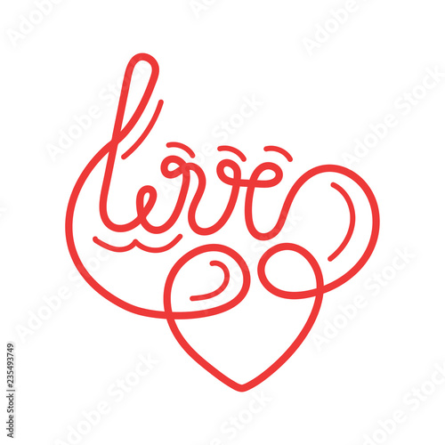 The word "love", the endless closed line, the heart . Vector calligraphy.