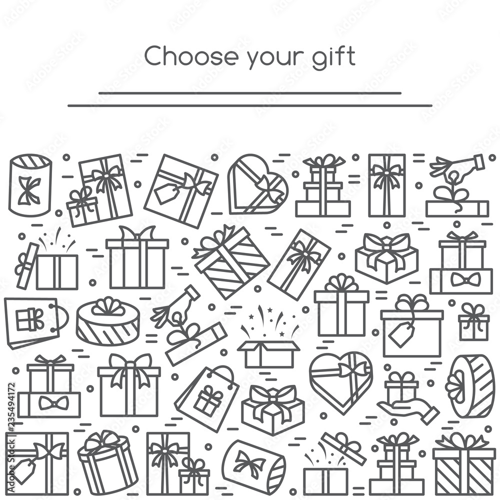 Banner with wrapped gift boxes pictograms with editable stroke collected in form of rectangular.
