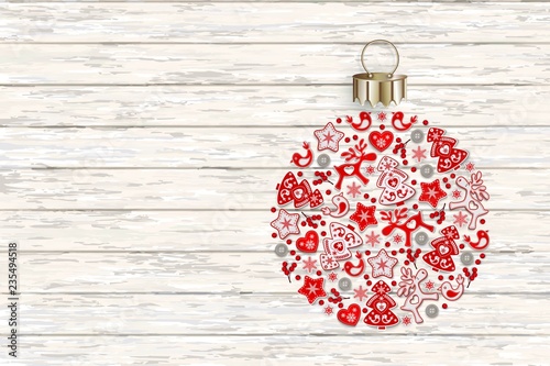 New Years ball with ornament of Christmas toys in Scandinavian style