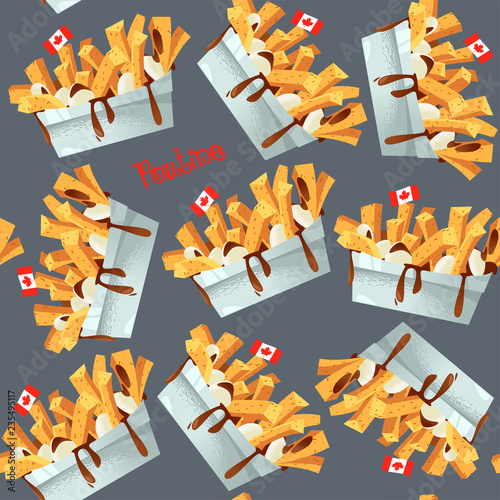 Quisine of Quebec. Poutine: dish consisting of French fries and cheese curds topped with a brown gravy. Seamless background pattern.