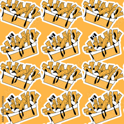 Quisine of Quebec. Poutine: dish consisting of French fries and cheese curds topped with a brown gravy. Seamless background pattern.