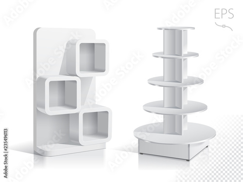 White Empty Displays With Shelves Products.Display on Isolated white background. Mock-up template ready for design. Product Packing Vector