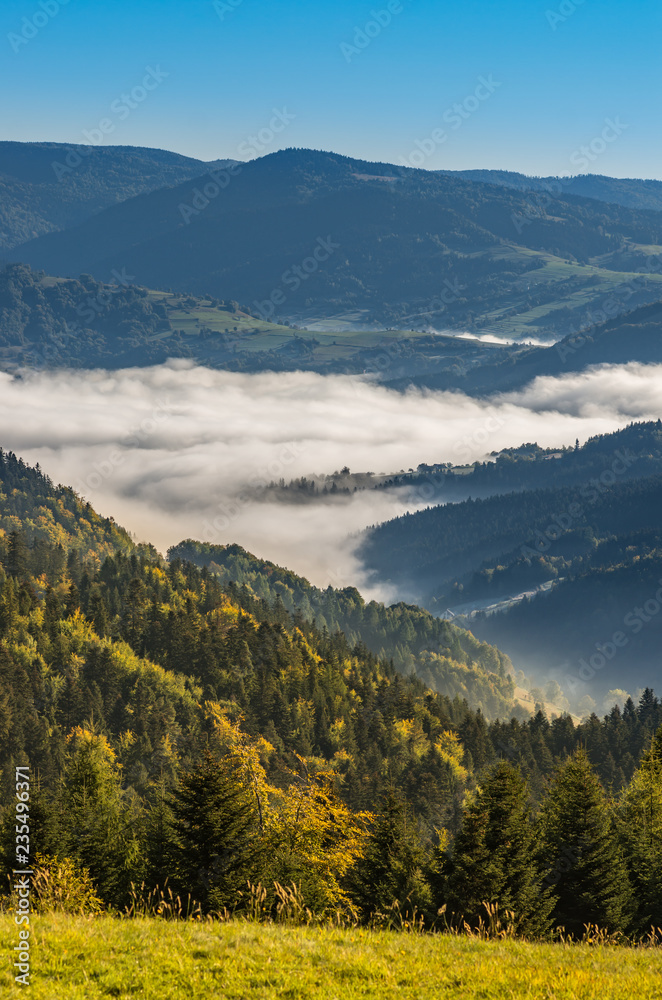 Fototapeta premium Misty mountain valley landscape in the morning, Poland