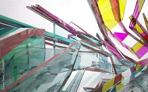 abstract architectural interior with gradient geometric glass sculpture with brown lines. 3D illustration and rendering