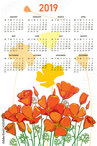 Vector vertical wall calendar for 2019 year with bouquet of outline orange California poppy flower or Eschscholzia, bud and leaf. Week starts from Monday, English. Calendar design with ornate floral.