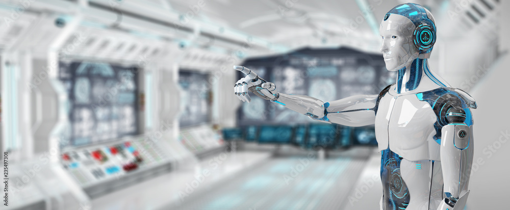 White male cyborg pointing his finger 3D rendering White male cyborg pointing his finger 3D rendering