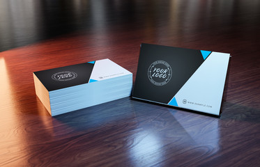 White business card stack on wooden desk 3D rendering