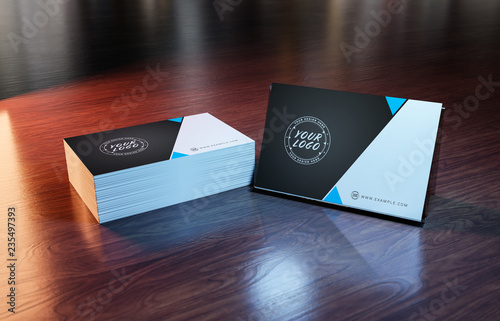 White business card stack on wooden desk 3D rendering