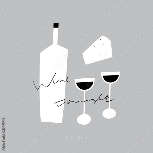 Flat wine bottle, glasses and cheese illustration. Wine party . Handwritten text