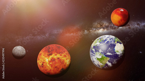 Fototapeta Naklejka Na Ścianę i Meble -  the rocky inner planets, Mercury, Venus, Earth and Mars with the Milky Way galaxy