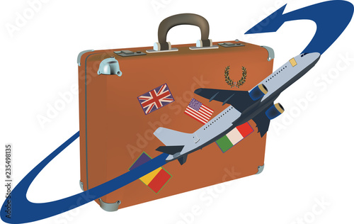 valigia in pelle vecchia con aereo in viaggio