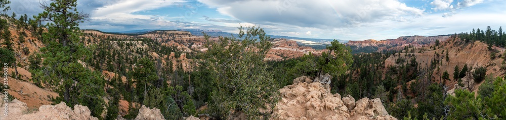 Naklejka premium Panoramablick ins erodierte, bewaldete Tal, Bryce Canyon National Park, Utah, USA