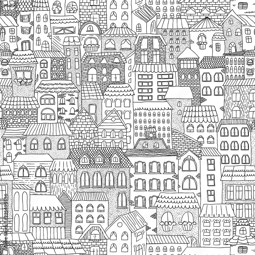 Black and white sketch seamless panorama of the city. Doodle. Sketch of city architecture. Vector illustration drawn by hand.