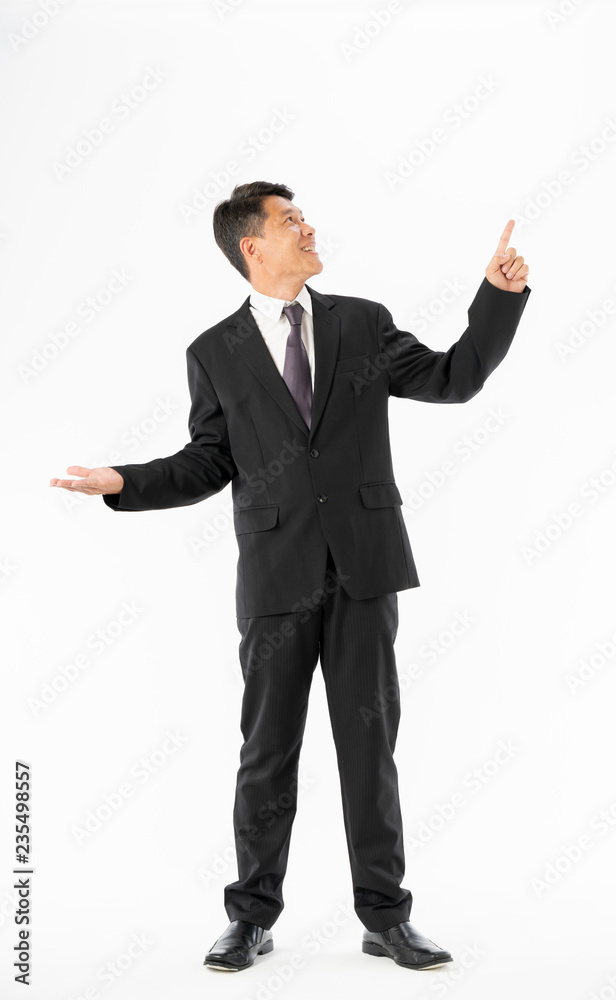 Business man in black suit standing and open hand Business man in black suit standing and open hand