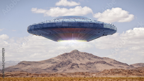 Fotografie, Obraz UFO, science fiction scene with alien spaceship, extraterrestrial visitors in fl