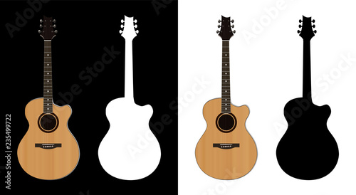 Acoustic Guitar illustration and Silhouettes on black and white backgrounds