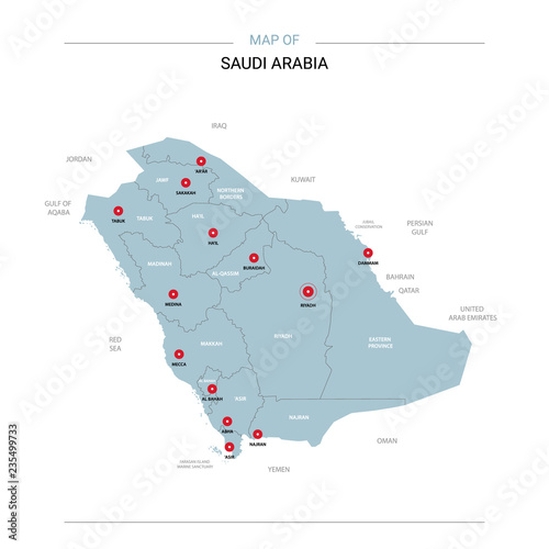 Saudi Arabia vector map. Editable template with regions, cities, red pins and blue surface on white background. 