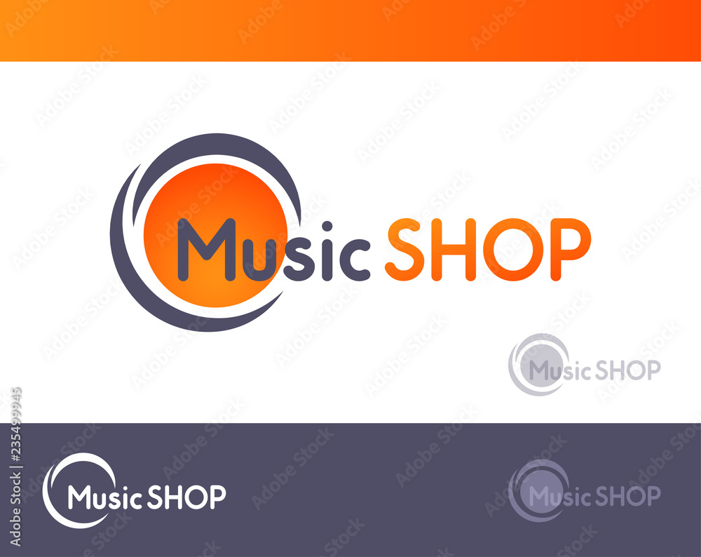 Obraz premium Logo for Music SHOP isolated on white and dark grey blackground - Vector illustration of emblem with watermark.
