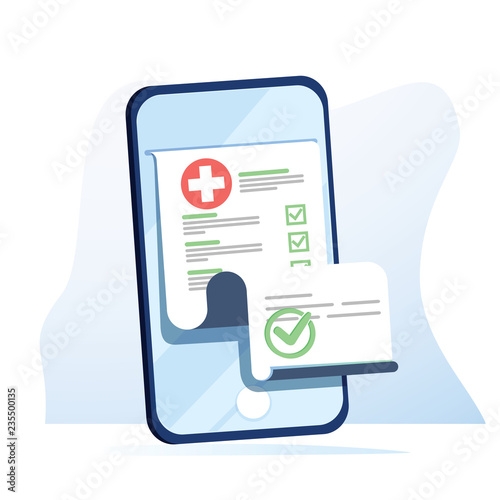 Medical form list with results data and approved check mark on mobile phone vector, flat cartoon clinical checklist