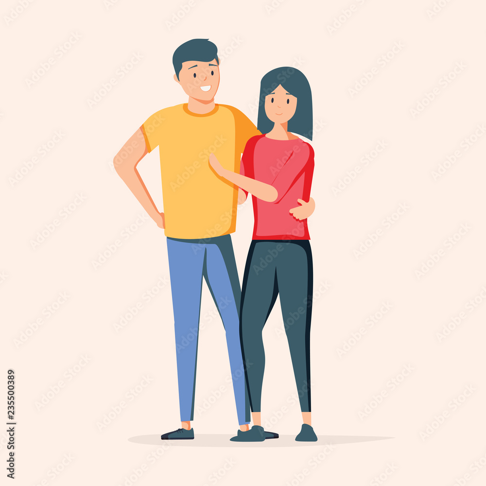 Asian couple over isolated background. Happy man and woman together. Vector illustration in cartoon style