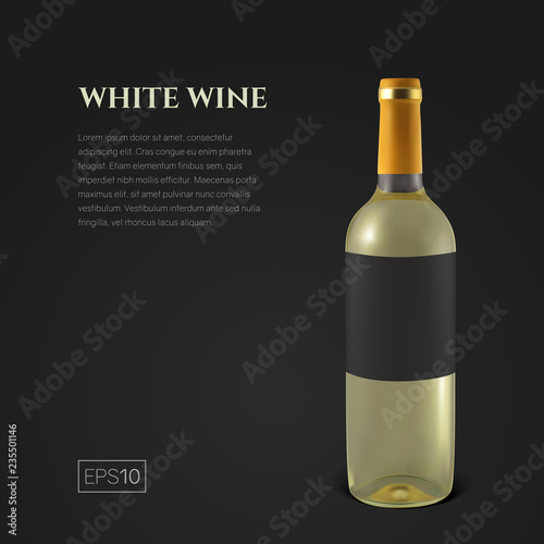 Photorealistic bottle of white wine on a black background. Mock up transparent bottle of wine. Template for product presentation or advertising in a minimalistic style.