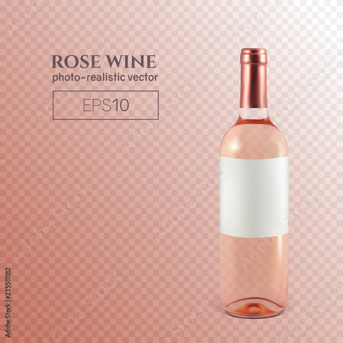 Photorealistic bottle of rose wine on a transparent background. Mock up transparent bottle of wine. This wine bottle can be placed on any background.